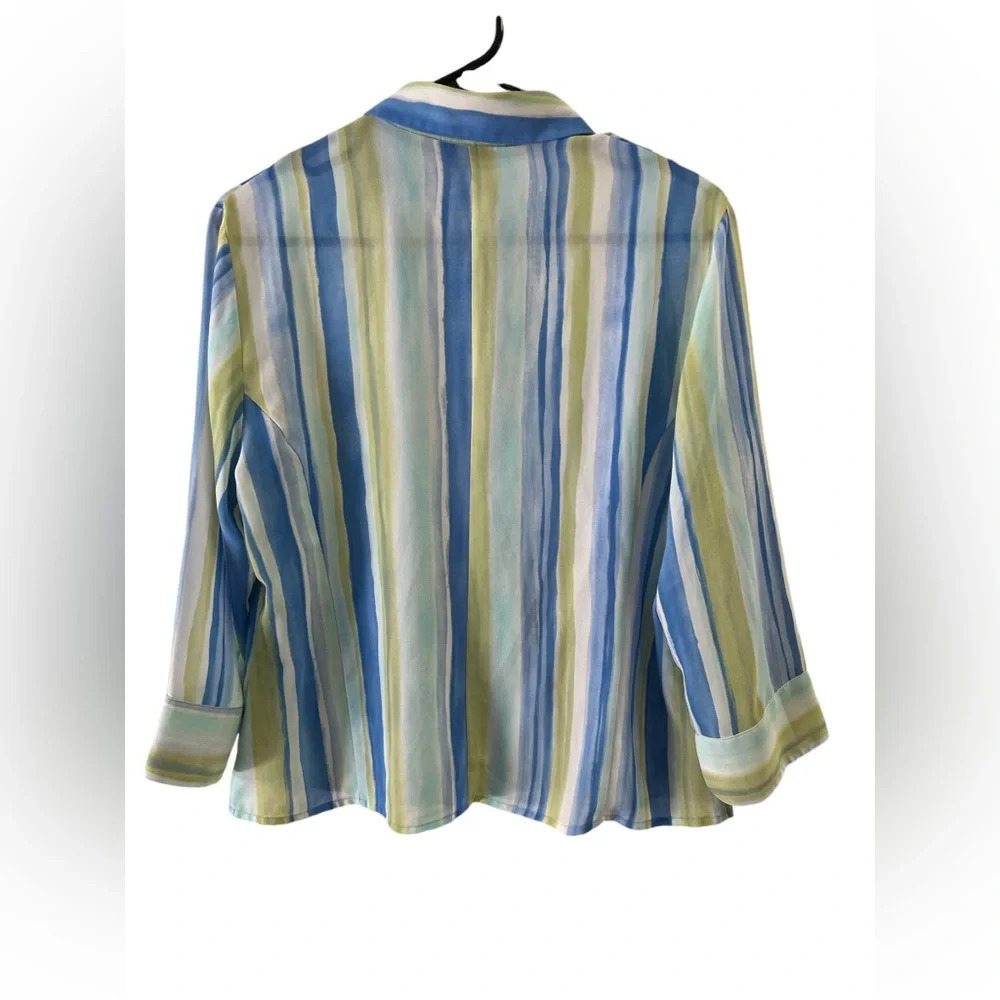 Blue and green striped button down blouse - Picture 4 of 4